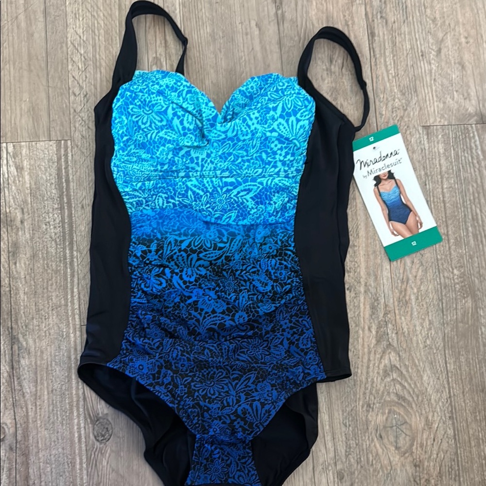 Miraclesuit Blue and Black One Piece with Sweetheart Neckline